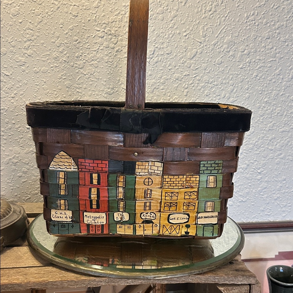 Handcrafted  Caro Nan Village Scene Basket repurposed